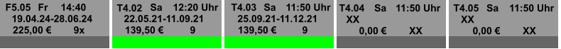 F5.05 Fr 14:40 19.04.24-28.06.24 225,00 € 9x T4.02 Sa 12:20 Uhr 22.05.21-11.09.21 139,50 € 9 T4.03 Sa 11:50 Uhr 25.09.21-11.12.21 139,50 € 9 T4.04 Sa 11:50 Uhr XX 0,00 € XX T4.05 Sa 11:50 Uhr XX 0,00 € XX